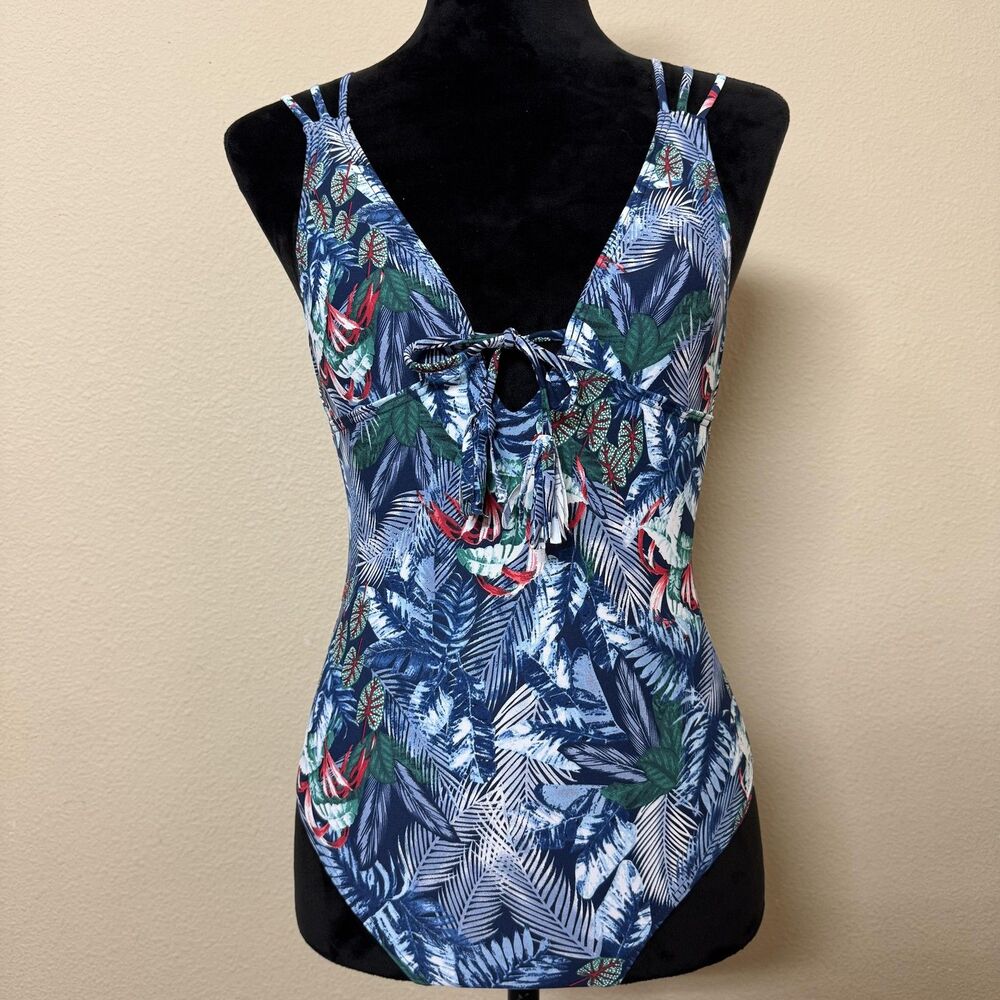 Cikada Swimsuit Womens Size 2 Blue Tropical One Piece Criss Cross Back Summer